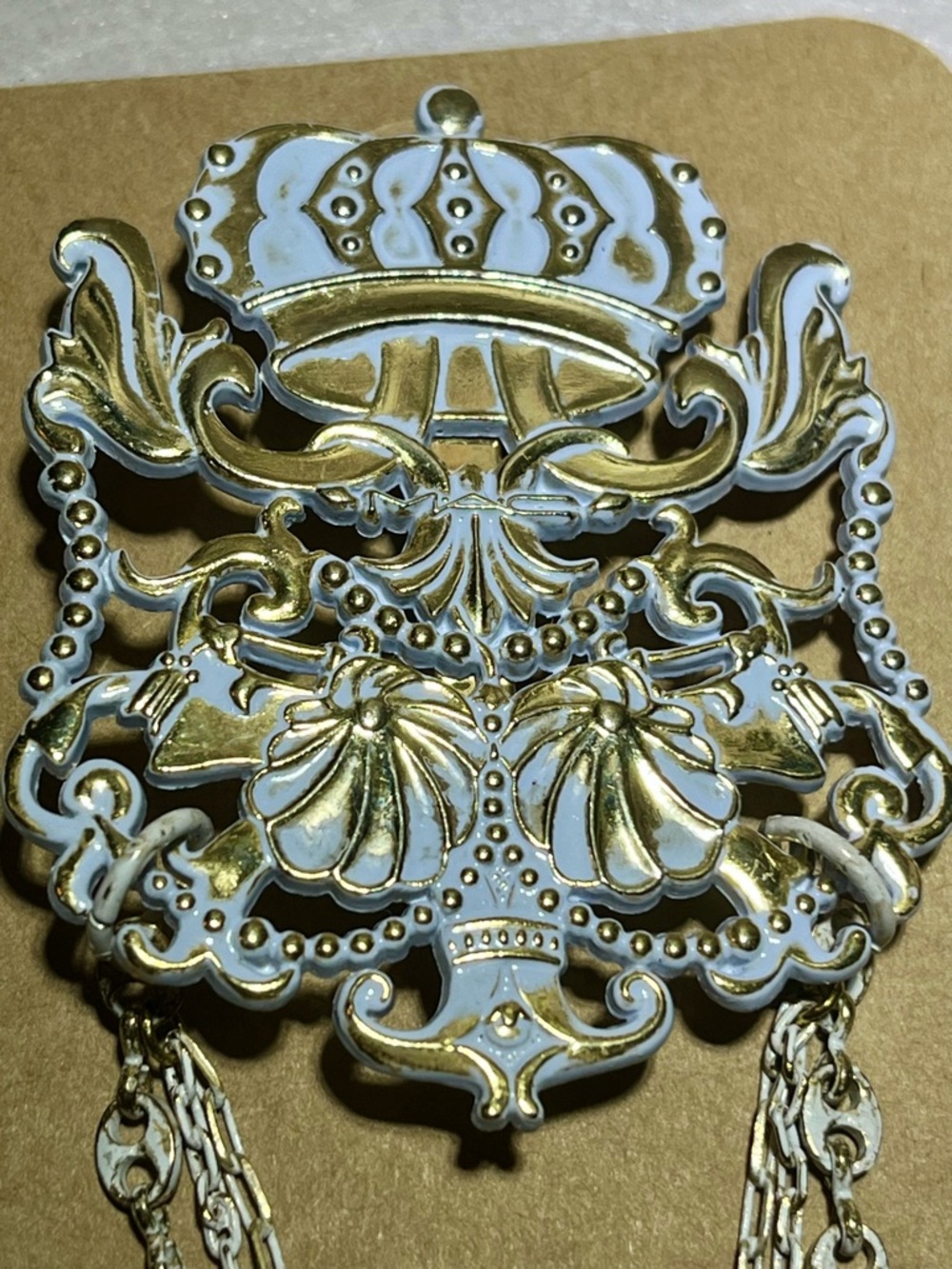 White Enamel & Gold Heraldic Crown Crest Chatelaine Brooch Triple Swag Chain - Picture 2 of 6